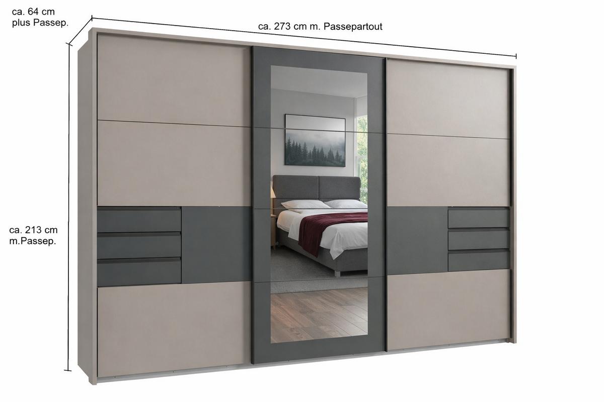 SCHWEBETÜRENSCHRANK 3-türig B273/H213/64 cm, Sandgrau mit Absetzungen in Grafit, Passepartout&Spiegel&Schubladen, Kleiderschrank inkl.Vollaus./ 22508 - Sandfarben/Blau, Holzwerkstoff/Metall (273/213/64cm) - luma-home