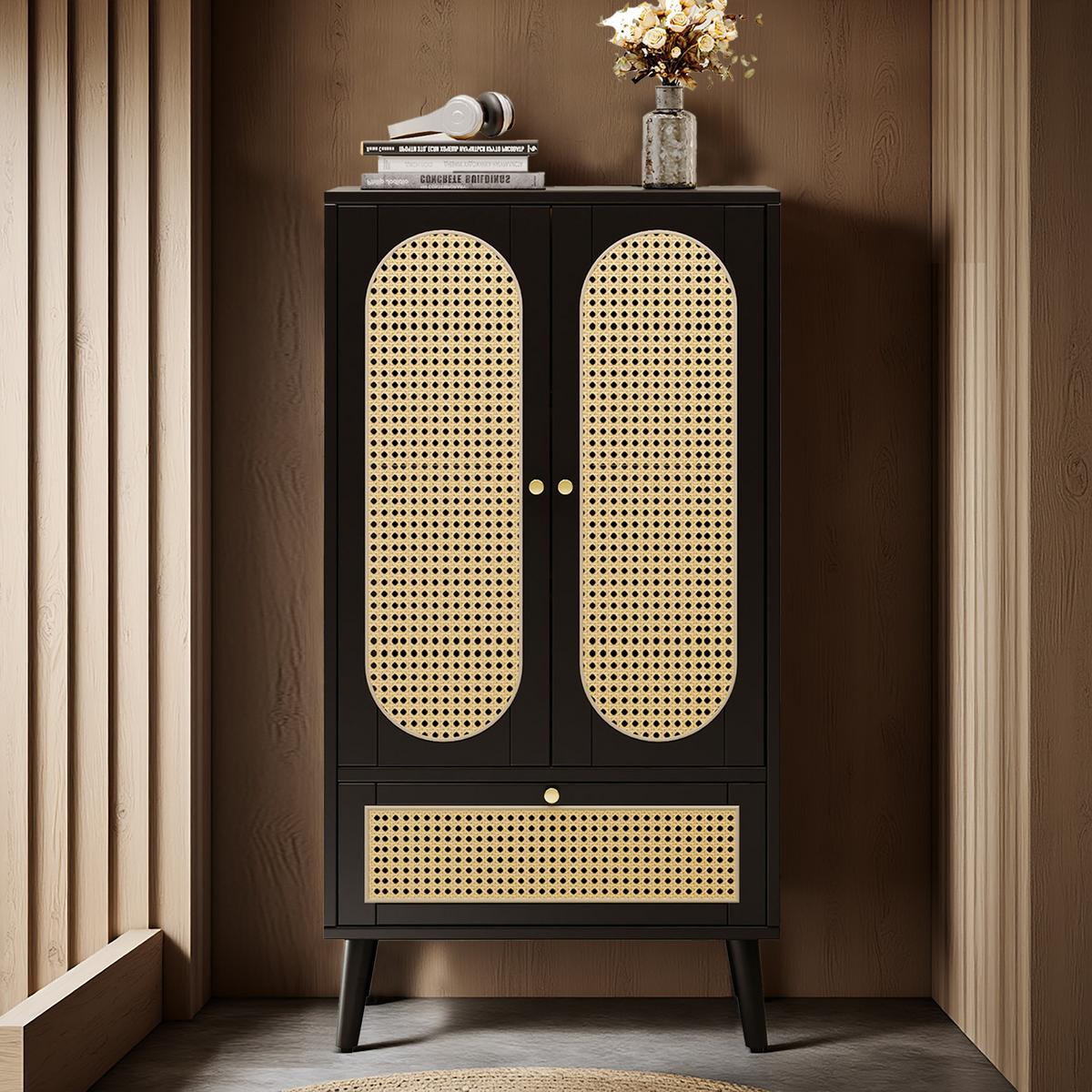 HIGHBOARD Aus Rattan Schwarz 60/40/110,5 cm - Schwarz, Holzwerkstoff/Metall (40/111/60cm) - Urban Meuble