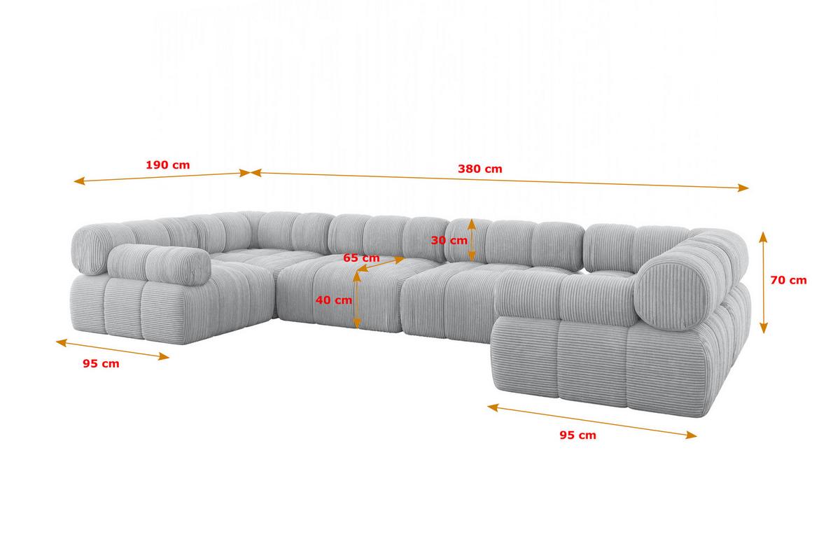 WOHNLANDSCHAFT modulares Sofa Birno-U2 - 380x190x70 cm Grau Cord - Grau, Holzwerkstoff/Textil (380/70/190cm) - ALTDECOR