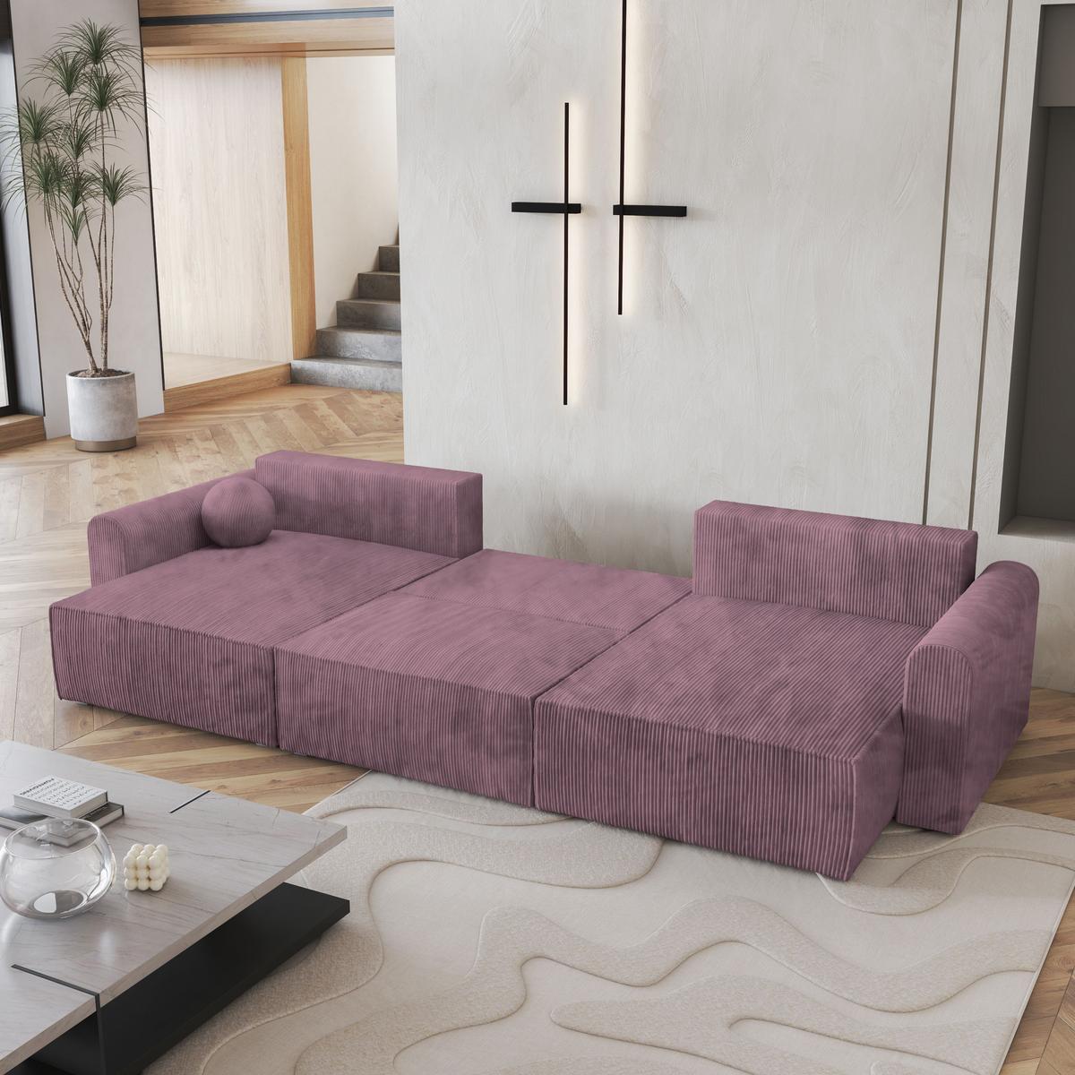 WOHNLANDSCHAFT FENTO P Lila Kordstoff mit Schlaffunktion - Lila/Grau, Holz/Kunststoff (347/90/148cm) - MASSENO