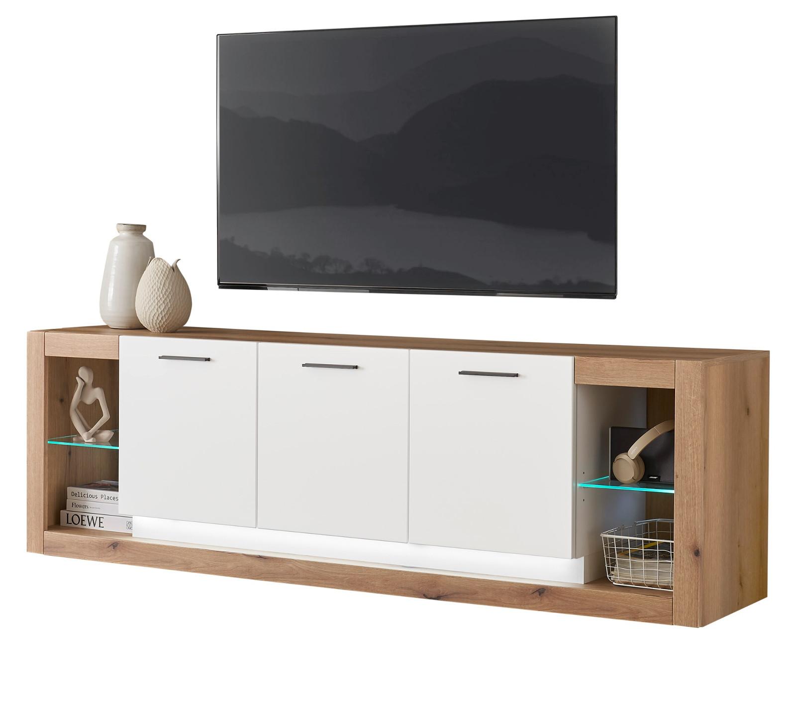 TV-LOWBOARD weiß matt, Evoke Eiche, TV Unterteil Komforthöhe XL-Board - Eichefarben/Silberfarben, Glas/Holzwerkstoff (198/61/43cm) - Furn.Design