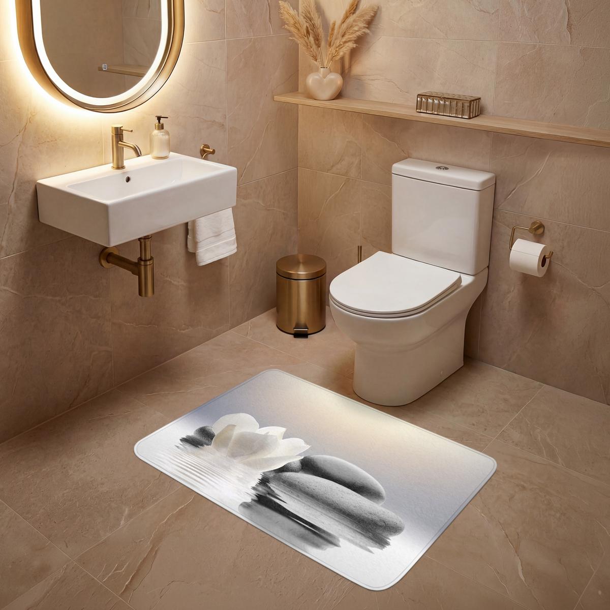 WC-VORLEGER Steine - Lotus - Weiß - Wasser - Zen Toilettenteppich 90x60 cm - Weiß, Textil (90/1cm) - OnlyWow