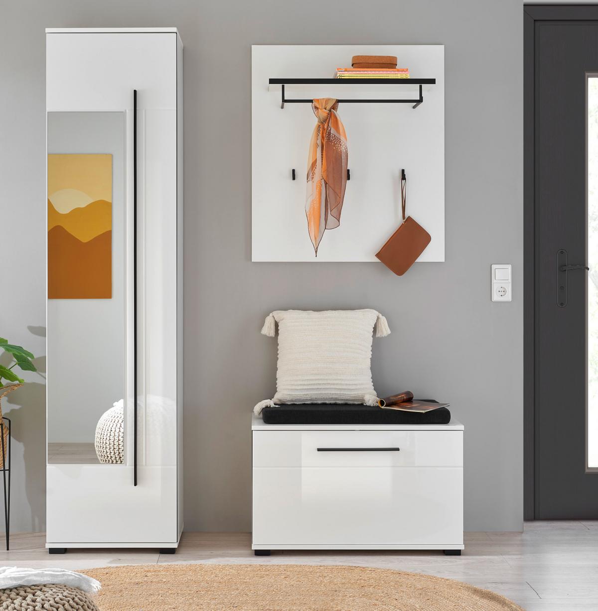 SCHUHSCHRANK weiß Hochglanz 50 x 200 cm, Garderobenschrank mit Spiegel - Weiß Hochglanz/Schwarz, Glas/Holzwerkstoff (50/200/39cm) - Furn.Design