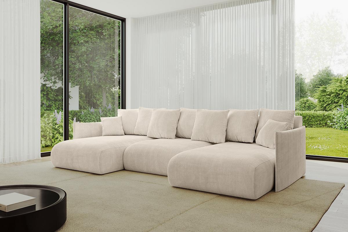 WOHNLANDSCHAFT mit Schlaffunktion und Bettkasten ONESK-U 317x177x72 Beige Cord - Beige, Holzwerkstoff/Kunststoff (317/72/177cm) - ALTDECOR