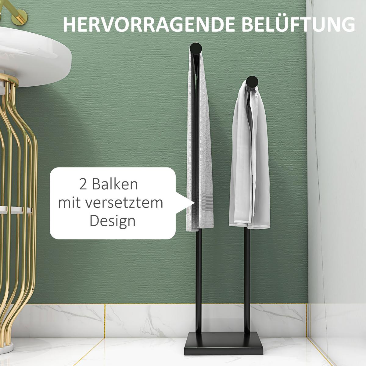 HOMCOM Freistehender Stahl-Handtuchhalter – 2-Stangen-Organizer, platzsparend, 35,5B x 20T x 78H cm – Schwarz - Schwarz, Metall (20/78/35.5cm) - HOMCOM