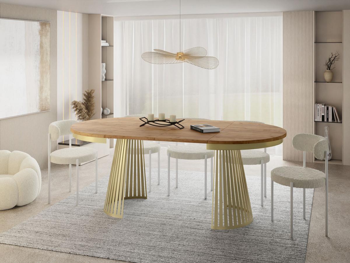 ESSTISCH Naro rund ausziehbar mit Goldem Lamellen-Metallgestell, Eiche Braun 120-200/120/76 cm - Eiche Wotan/Goldfarben, Holzwerkstoff/Metall (100/200/76cm) - WFL GROUP