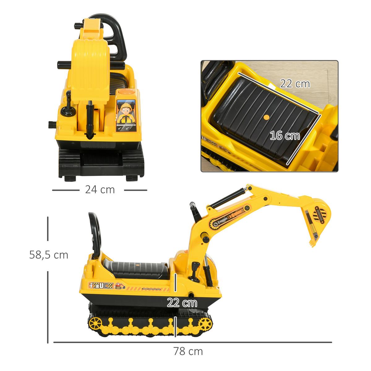 KINDER Sitzbagger Sandbagger für Kinder mit Schaufel, Hupe für 1,5-4 Jahre - Gelb, Kunststoff (78/24/58.5cm) - HOMCOM