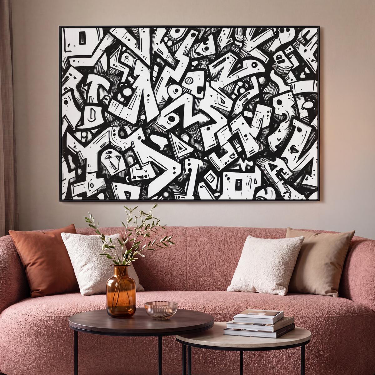 LEINWAND Bilder mit Rahmen - Formen - Buchstaben - Graffiti - Schwarz - 120x80 - Schwarz, Textil (120/80cm) - MuchoWow