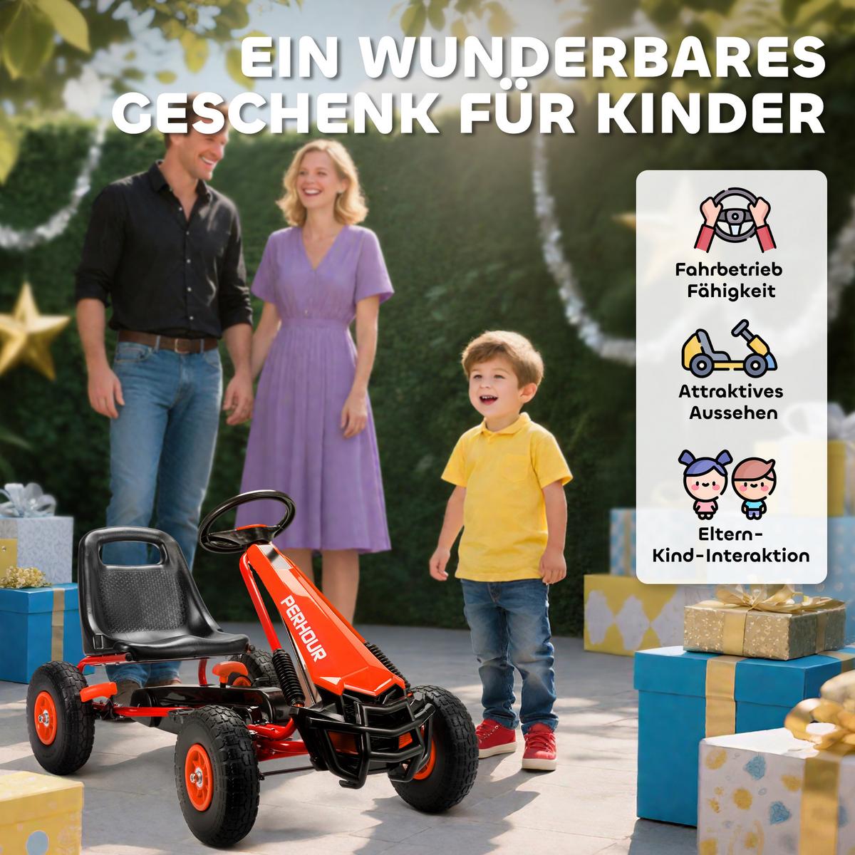 GOKART, Tretauto mit Handbremse, verstellbarem Sitz, Vor- und Rückwärtsgang - Rot, Metall (110/61/62cm) - AIYAPLAY