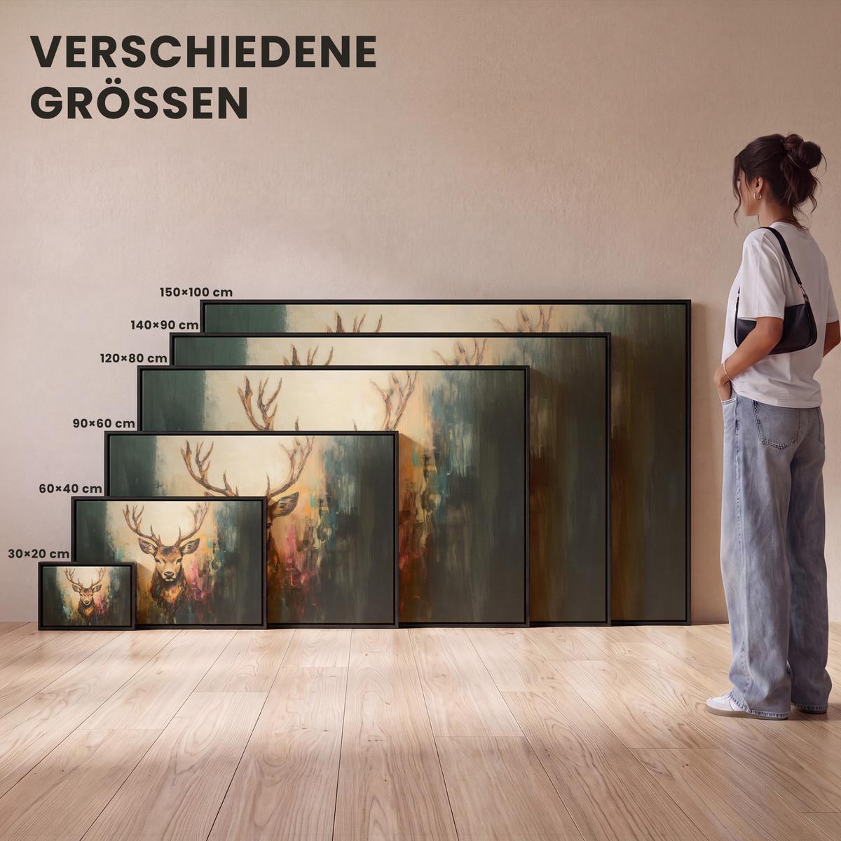 LEINWAND Bilder mit Rahmen - Hirsch - Gemalt - Geweih - Braun - 150x100 - Haselnussfarben, Textil (150/100cm) - MuchoWow
