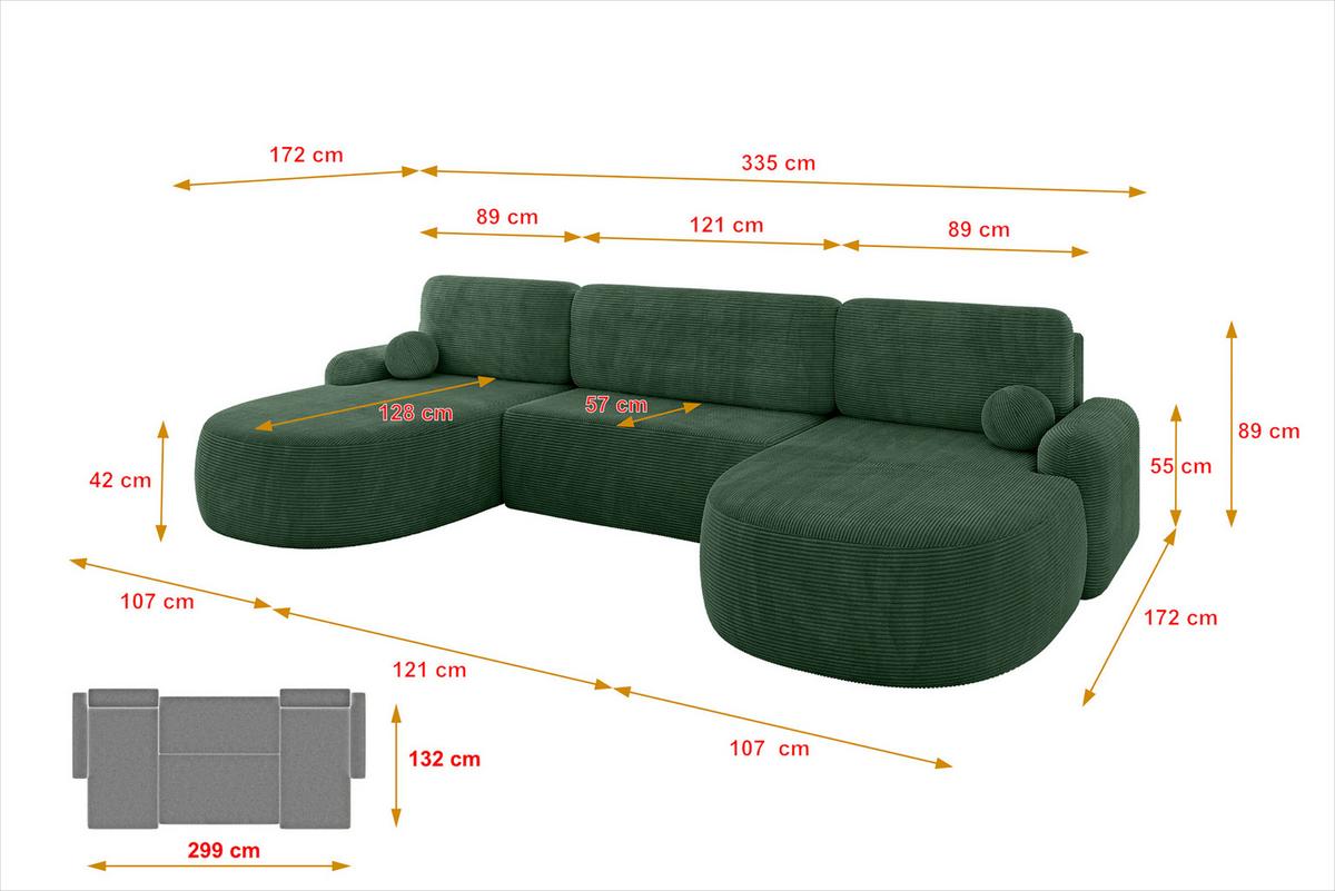 WOHNLANDSCHAFT mit Schlaffunktion und Bettkasten LIRA-U - 335x172x89 Grün - Hellgrün, Holzwerkstoff/Textil (335/89/172cm) - ALTDECOR