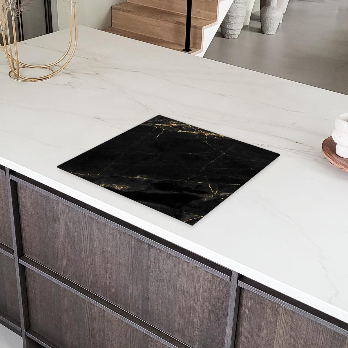 HERDABDECKPLATTE Marmor - Schwarz - Gold - Chic - Marmoroptik - Design Herdabdeckung Induktionsfeld 60x52 cm - Schwarz, Kunststoff (60/52/0.2cm) - MuchoWow