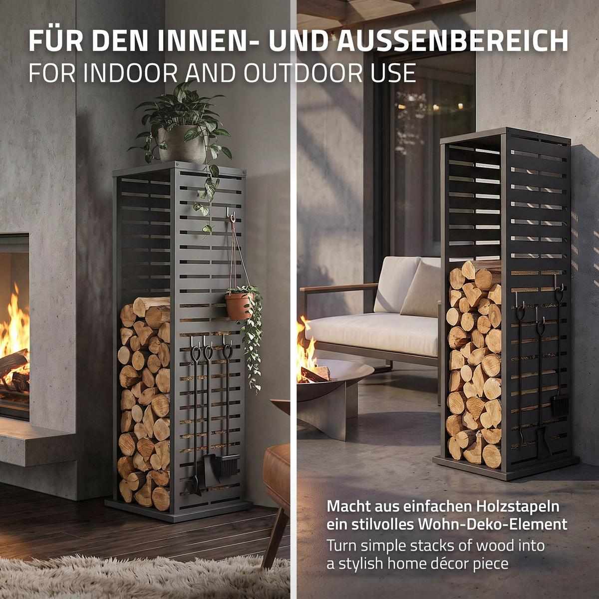 KAMINHOLZREGAL Innen Außen Brennholzregal 37,5x37,5x112 cm Stahl Verzinkt Anthrazit Schlitz-Motiv - Anthrazit, Metall (37.5/112/37.5cm) - ML-DESIGN