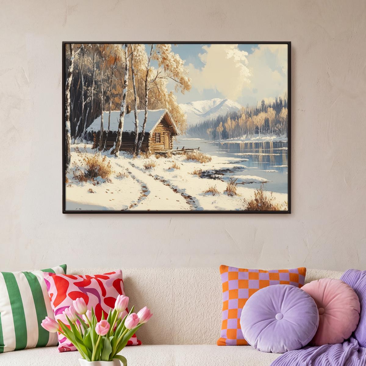 LEINWAND Bilder mit Rahmen - Winter - Schnee - Zuhause - Natur - 100x70 - Hellbraun, Textil (100/70cm) - MuchoWow