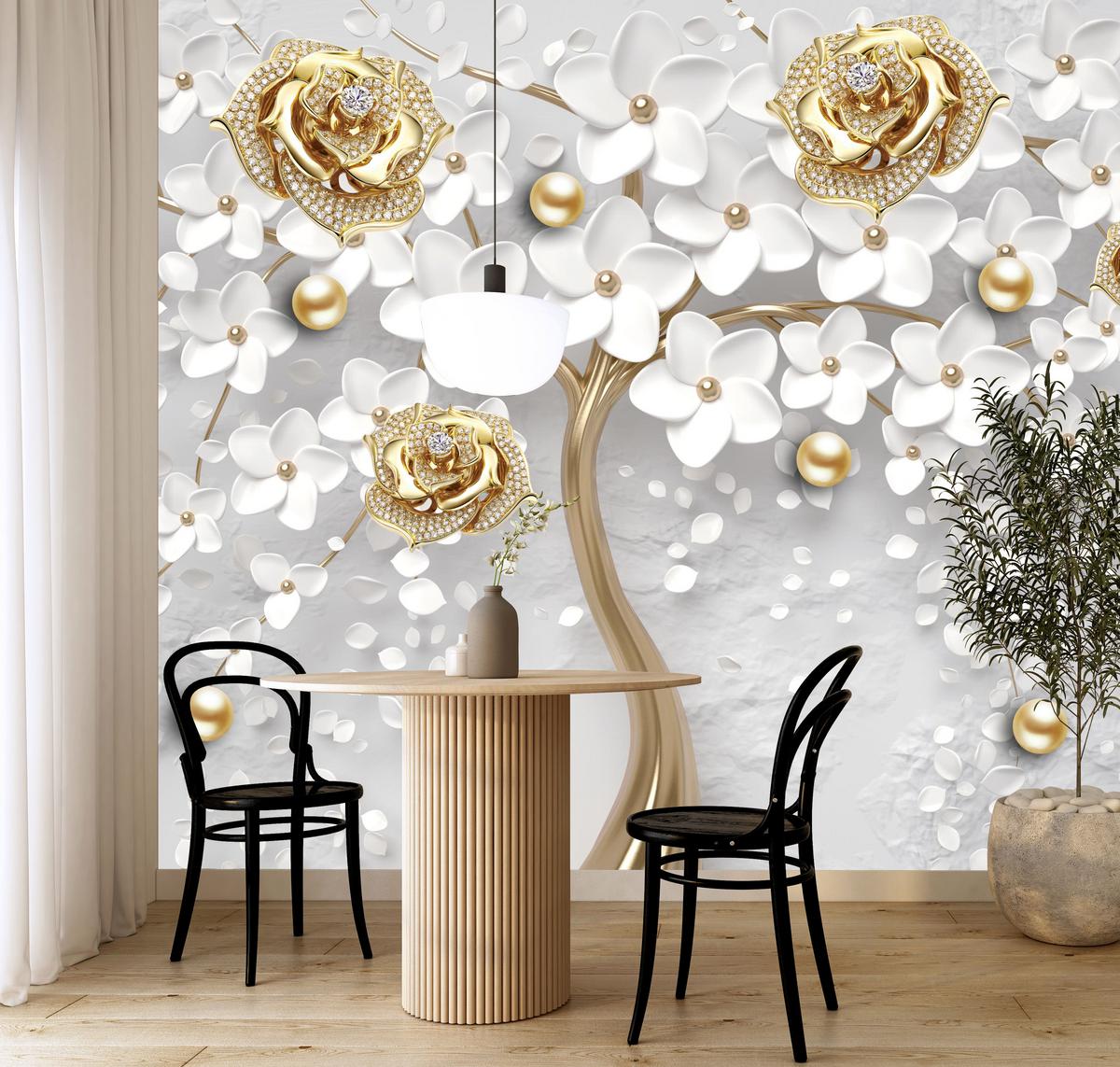 FOTOTAPETE für Wohnzimmer Abstrakte Rosen Baum Blumen Räumliche Äste Zweige 250x175 - Gelb/Weiß, Papier (250/175cm) - Muralo
