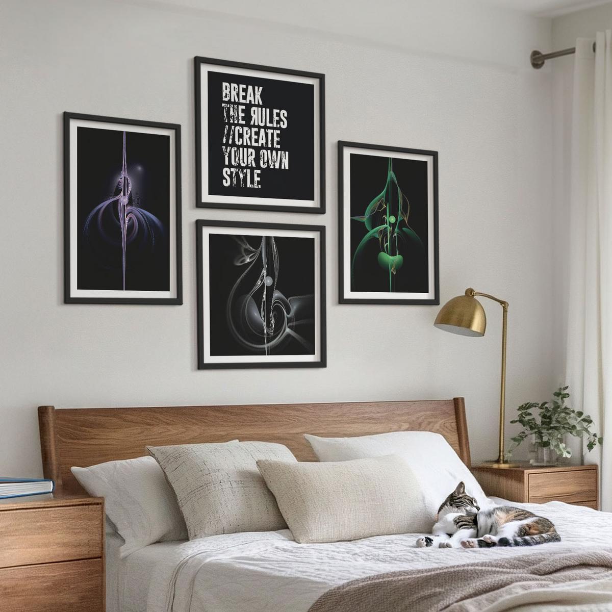 BILDER SET 4er Set - 50x50 cm & 40x60 cm Schwarzer Rahmen - Abstrakte schwarze Muster - Schwarz, Kunststoff (50/50cm) - TULUP