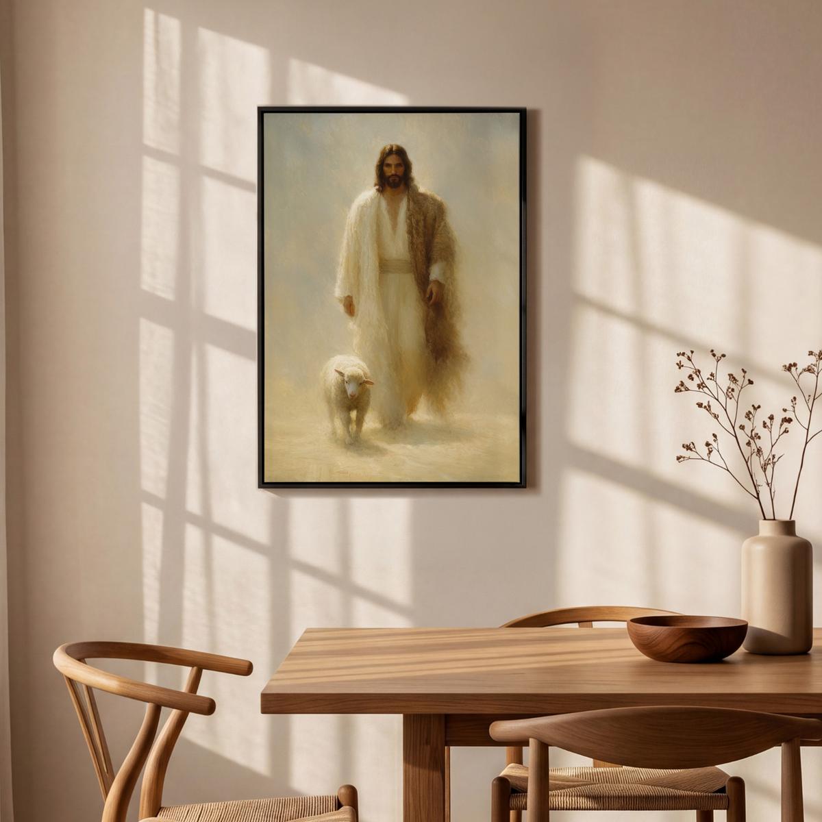 LEINWAND Bilder mit Rahmen - Schaf - Jesus - Pinselstriche - Abstrakt - 60x90 - Beige, Textil (60/90cm) - MuchoWow