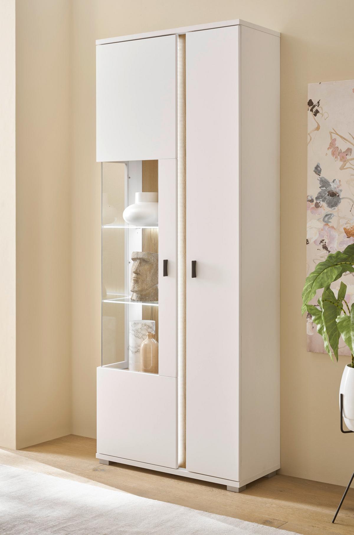 VITRINE weiß matt, Eiche Wotan 80 x 200 cm, Vitrinenschrank inklusive Frontbeleuchtung - Eiche Wotan/Silberfarben, Glas/Holzwerkstoff (80/200/35cm) - Furn.Design