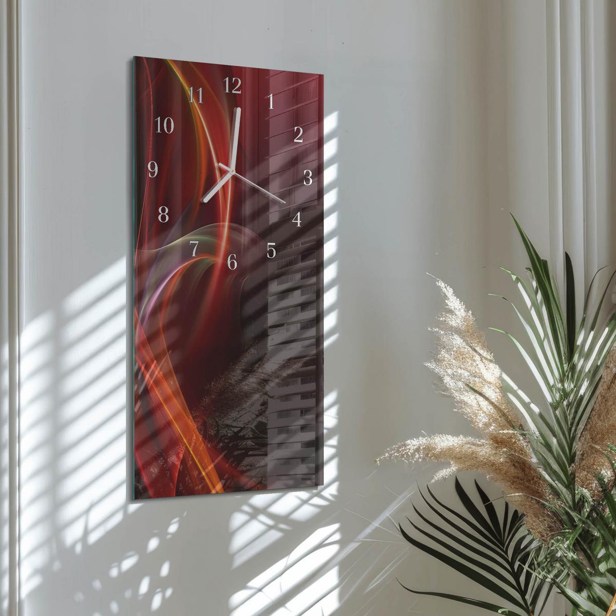 WANDUHR aus Glas 30x60 cm - Abstrakte Linien - Rot, Glas (30/60/0.4cm) - TULUP