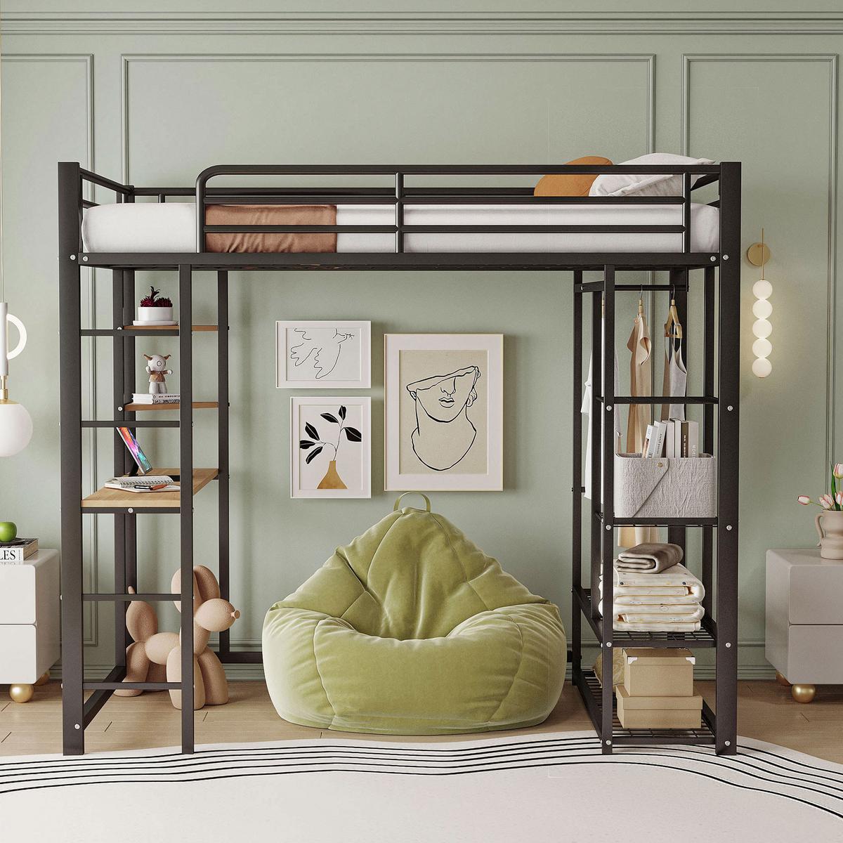 HOCHBETT mit Schreibtisch, Regalen und Stauraum - Schwarz, Holzwerkstoff/Metall - Urban Meuble
