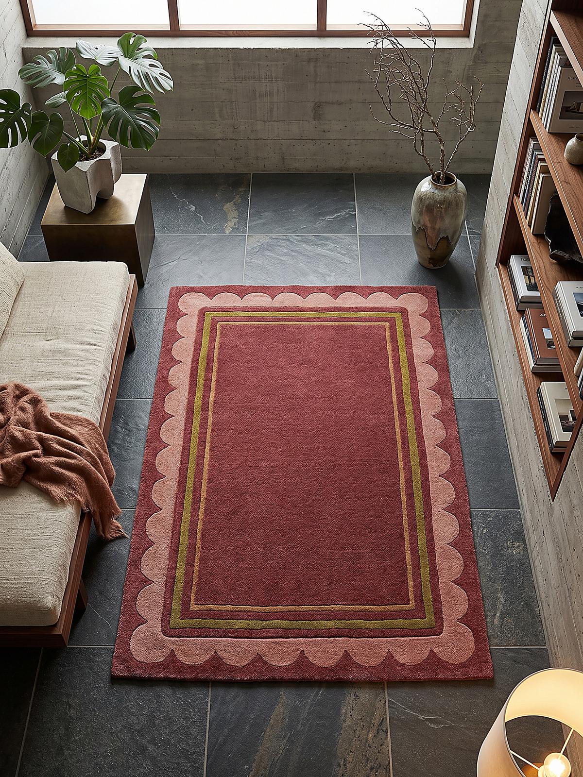 TEPPICH aus Wolle, handgetuftet, WENSUM, in Beerenrot, Scallop-Bordüre, 120 x 170 cm - Rot, Textil (120/170cm) - KADIMA DESIGN