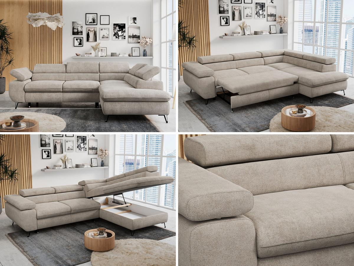ECKSOFA PETER L Beige Struktur - Rechts Seite - Beige/Schwarz, Textil/Metall (273/208cm) - MKS