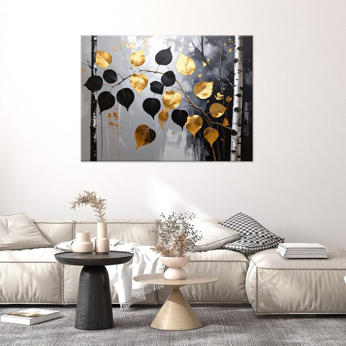WANDBILD, Birkenwald Natur schwarz-goldene Blätter - Schwarz, Textil (30/20cm) - Feeby