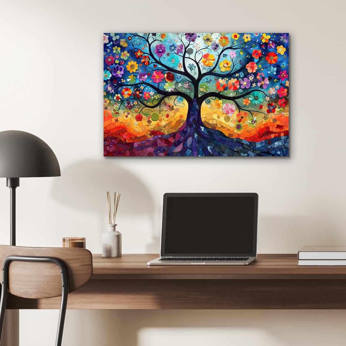 METALLBILD Kunst - Baum des Lebens - Blumen - Hippie Wandbild 60x40 cm - Dunkelblau, Metall (60/40cm) - MuchoWow