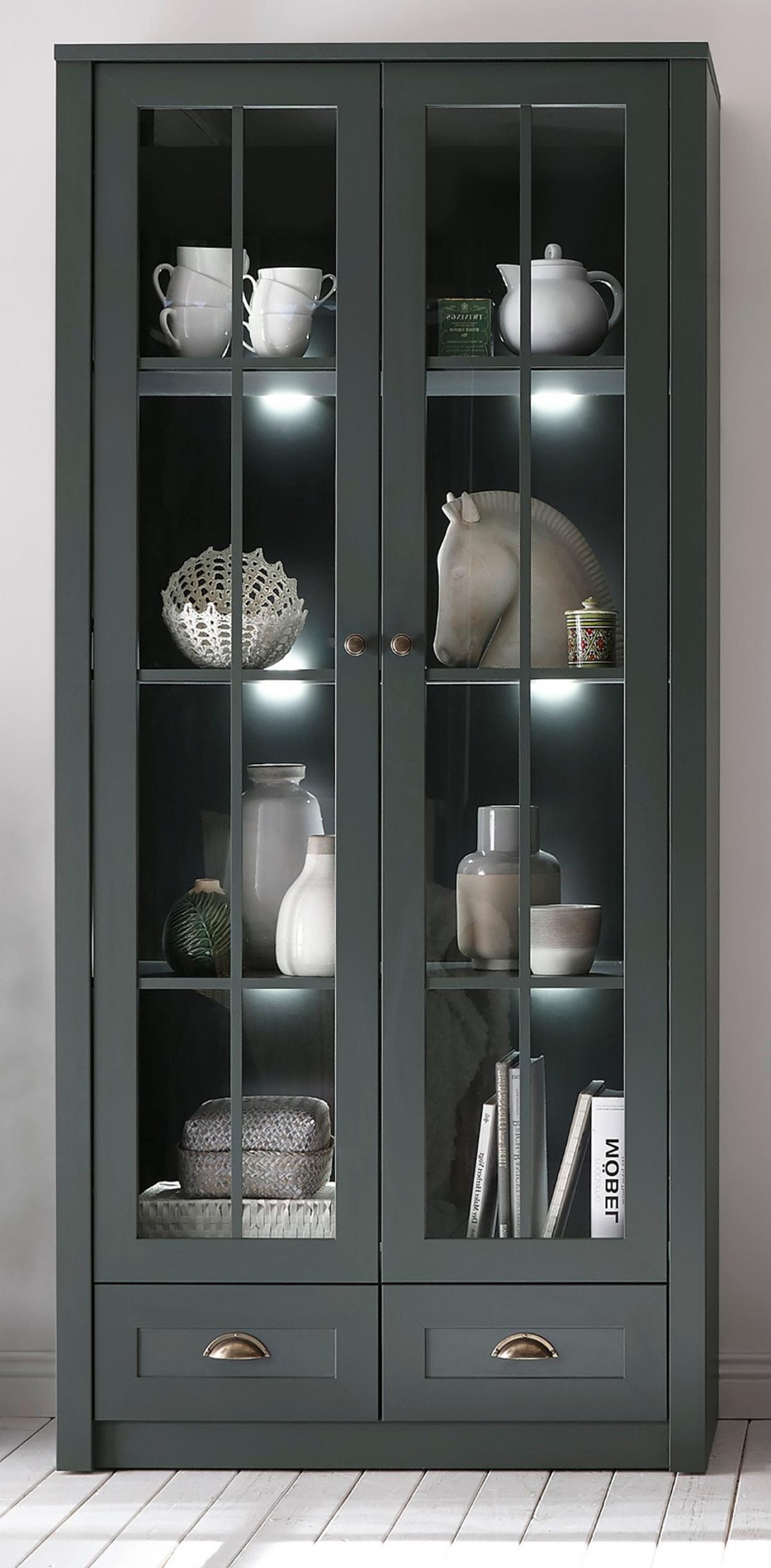 VITRINE grün Landhaus 90 x 197 cm, Vitrinenschrank für Wohn- und Esszimmer - Chromfarben/Schwarz, Glas/Holzwerkstoff (90/197/43cm) - Furn.Design