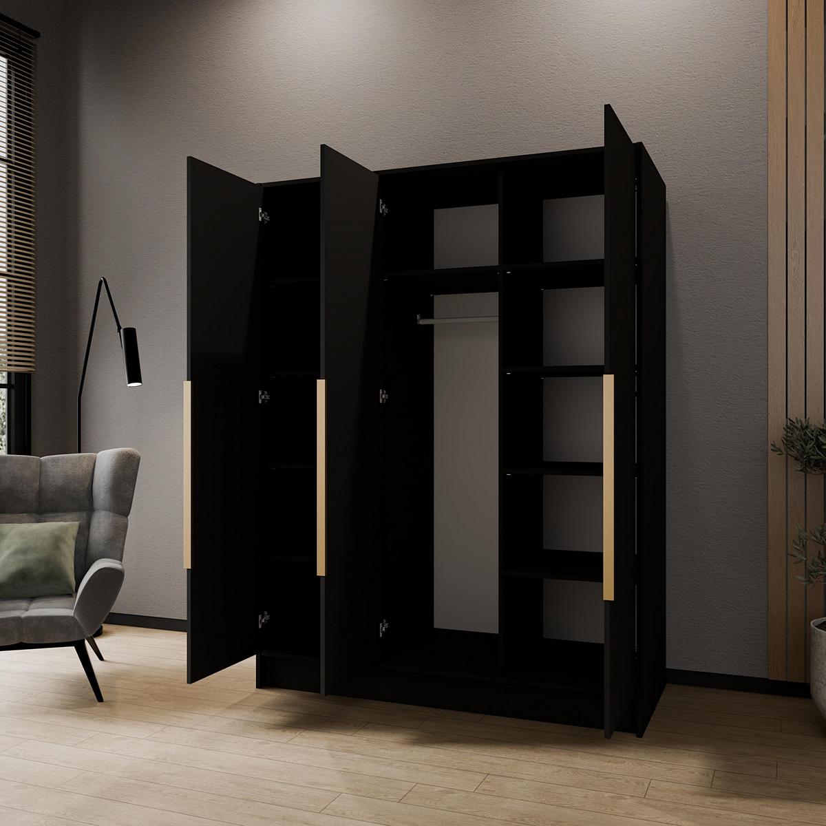 DREHTÜRENSCHRANK BERON 150/200/51 cm Modern Kleiderschrank 3-türig Schwarz - Schwarz, Holzwerkstoff (150/200/51cm) - MASSENO