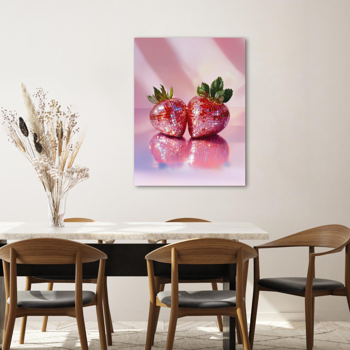 LEINWANDBILD Disco - Obst - Glitzer - Erdbeere Wandbild Wohnzimmer 60x80 cm - Pink, Textil (60/80cm) - MuchoWow
