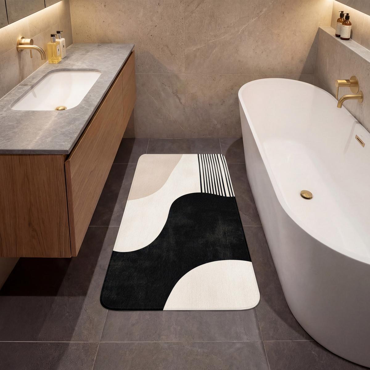 BADEMATTE Abstrakt - Japandi - Beige - Modern 60x120 cm - Beige/Schwarz, Textil (60/120cm) - OnlyWow