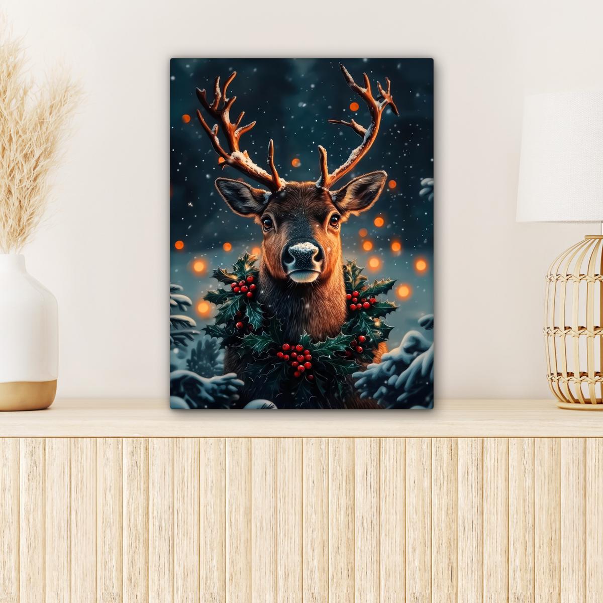 LEINWANDBILD Hirsch - Weihnachten - Winter - Schnee - Weihnachtskranz Room Decor 30x40 cm - Dunkelbraun, Textil (30/40cm) - MuchoWow
