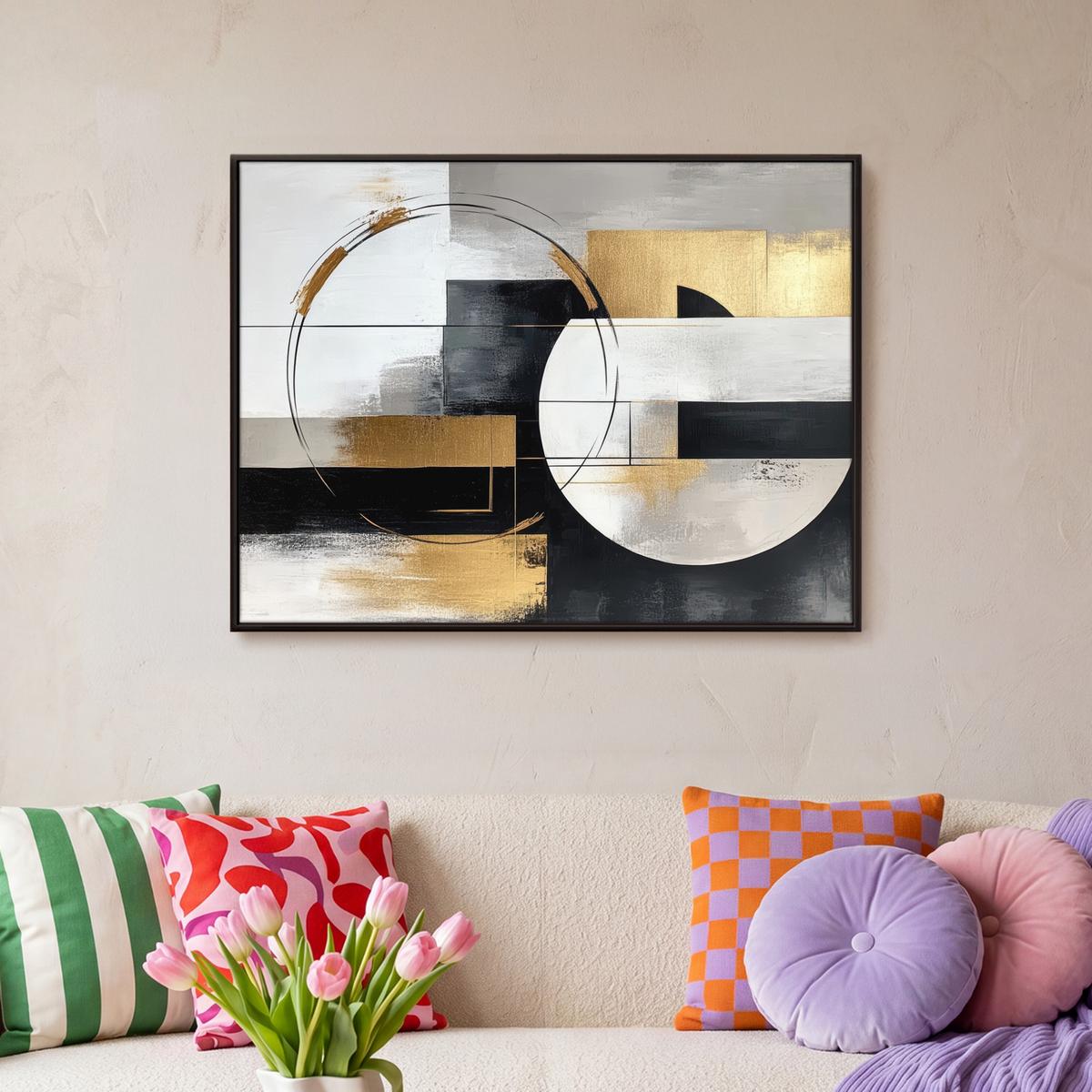 LEINWAND Bilder mit Rahmen - Abstrakt - Gold - Silber - Formen - Ästhetik - 80x60 - Multicolor, Textil (80/60cm) - MuchoWow