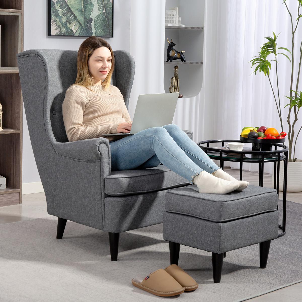 OHRENSESSEL mit Hocker Sessel mit Leinenoptik, Lendenkissen für Wohnzimmer Grau - Grau, Kunststoff (75/104/83cm) - HOMCOM