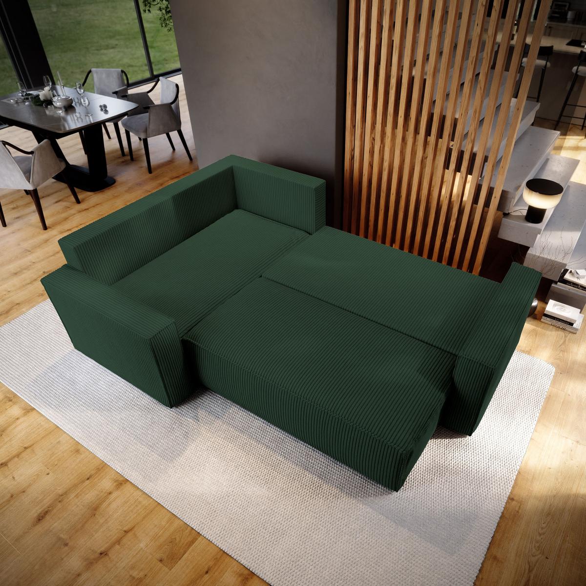 ECKSOFA ESTANO L-S Grün Kordstoff mit Schlaffunktion - Grün, Holz (230/158cm) - MASSENO