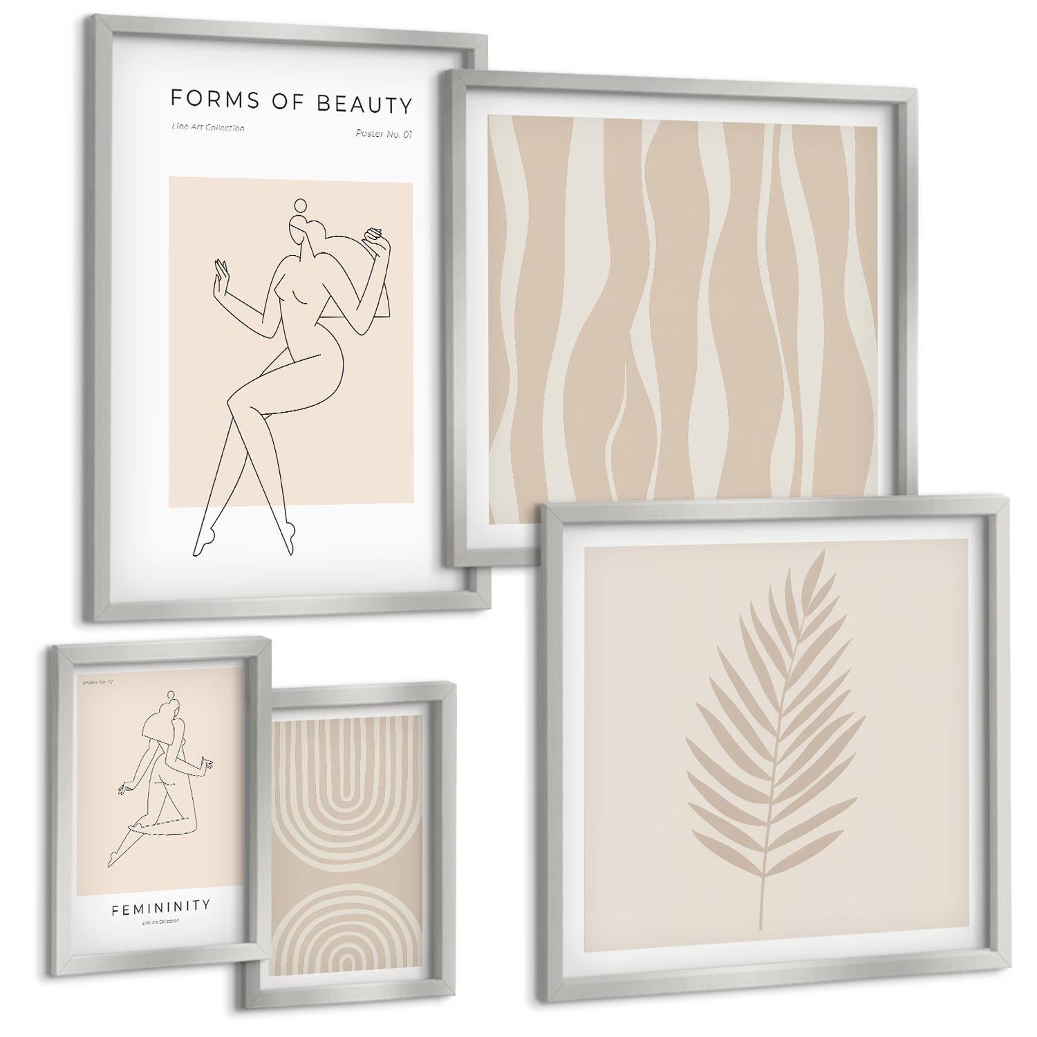 BILDER SET 5er Set - 50x50 cm & 20x30 cm & 40x60 cm Silberner Rahmen - Abstrakte Boho-Dekorationen - Silberfarben, Kunststoff (40/60cm) - TULUP