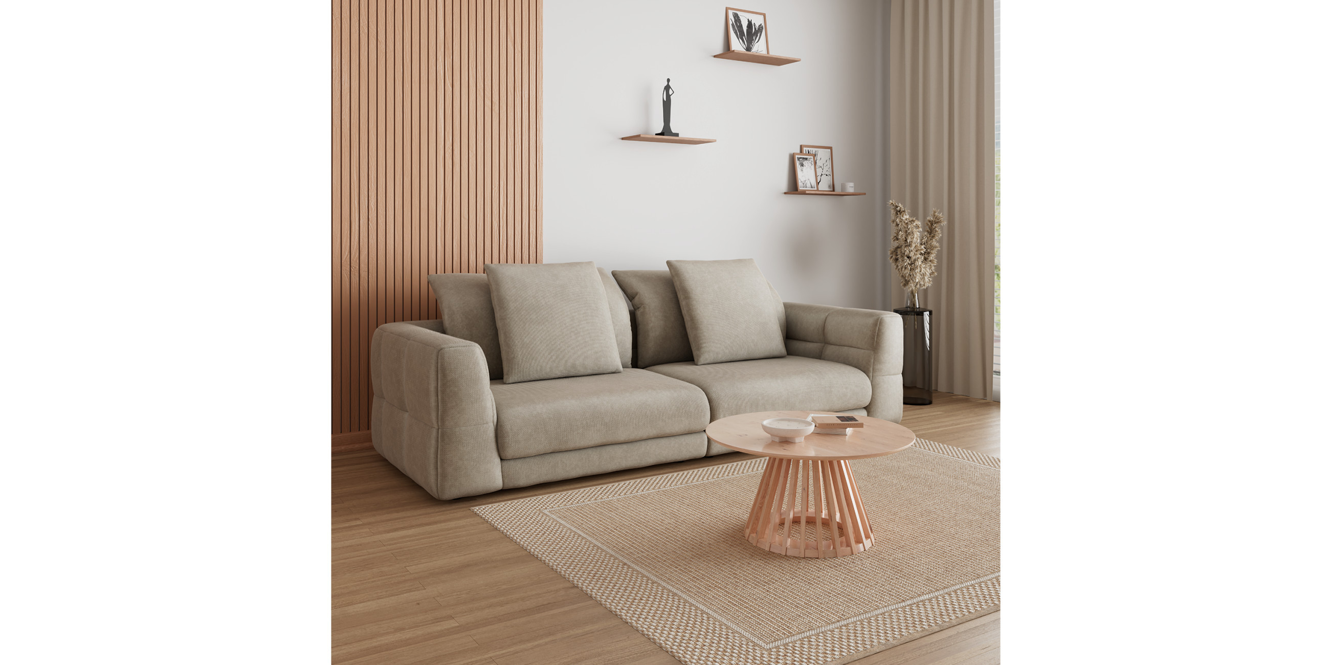 Beiges Sofa mit rundem Couchtisch aus Holz