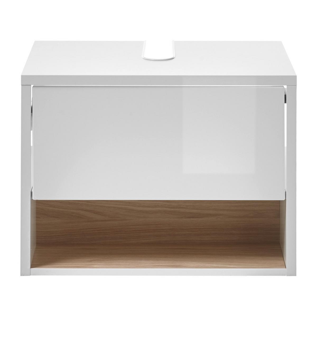 WASCHBECKENUNTERSCHRANK weiß Hochglanz, Eiche 60 cm, Bad Unterschrank mit Push-to-Open - Weiß Hochglanz, Holzwerkstoff (60/44/46cm) - Furn.Design