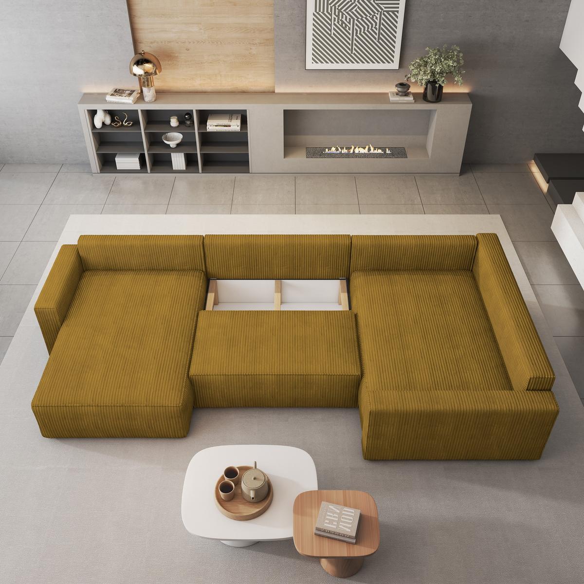 WOHNLANDSCHAFT VELAMI R-S Gelb Kordstoff mit Schlaffunktion - Gelb, Holz (365/83/194cm) - MASSENO