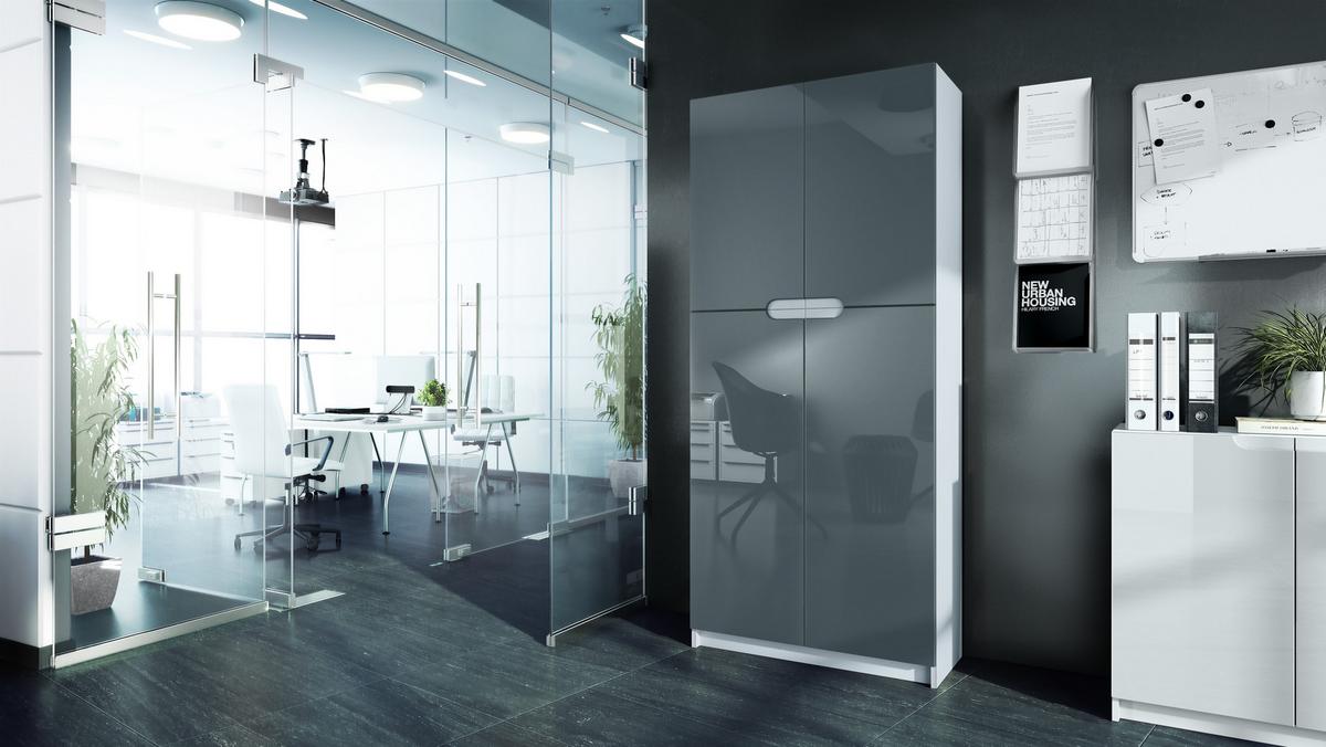 BÜROSCHRANK Logan Fronten in Grau Hochglanz - Grau, Holzwerkstoff (82/184/37cm) - Vladon