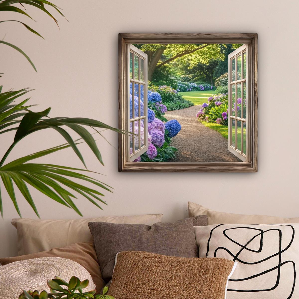 LEINWANDBILD Aussicht - Garten - Fenster - Hortensie - Blumen Wandbild Wohnzimmer 50x50 cm - Pastellblau, Textil (50/50cm) - MuchoWow