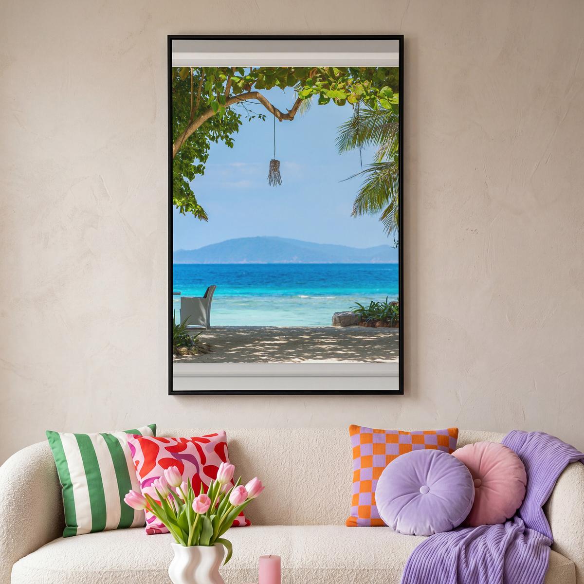 LEINWAND Bilder mit Rahmen - Aussicht - Baum - Meer - Palme - Hügel - Strand - Blau - 80x120 - Blau, Textil (80/120cm) - MuchoWow