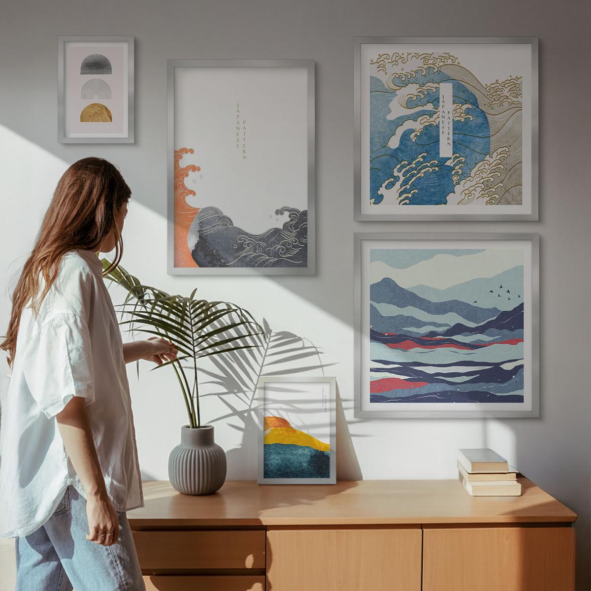 BILDER SET 5er Set - 50x50 cm & 20x30 cm & 40x60 cm Silberner Rahmen - Stilvolle moderne Blumen - Silberfarben, Kunststoff (40/60cm) - TULUP