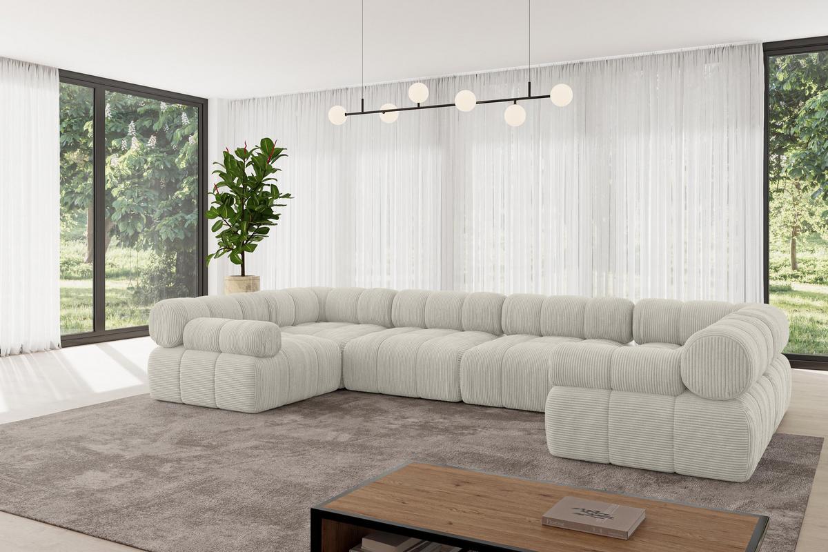 WOHNLANDSCHAFT modulares Sofa Birno-U2 - 380x190x70 cm Creme Cord - Hellgrau/Creme, Holzwerkstoff/Textil (380/70/190cm) - ALTDECOR