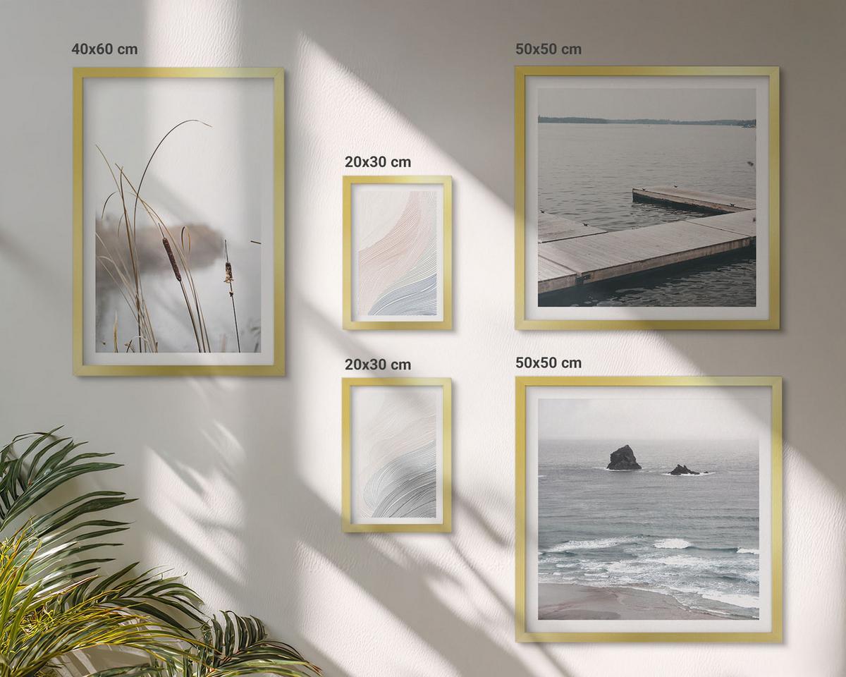 BILDER SET 5er Set - 50x50 cm & 20x30 cm & 40x60 cm Goldrahmen - Abstrakte Pastellwellen - Goldfarben, Kunststoff (40/60cm) - TULUP