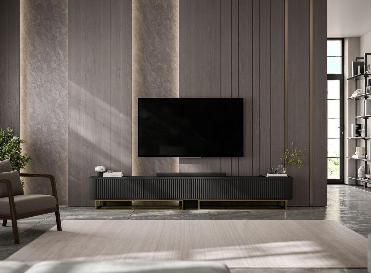 TV-LOWBOARD 2er-Set Aurora Schwarz matt 280 cm mit Metallrahmen - Goldfarben/Schwarz, Holzwerkstoff/Metall (280/44/35cm) - Meble Lindner