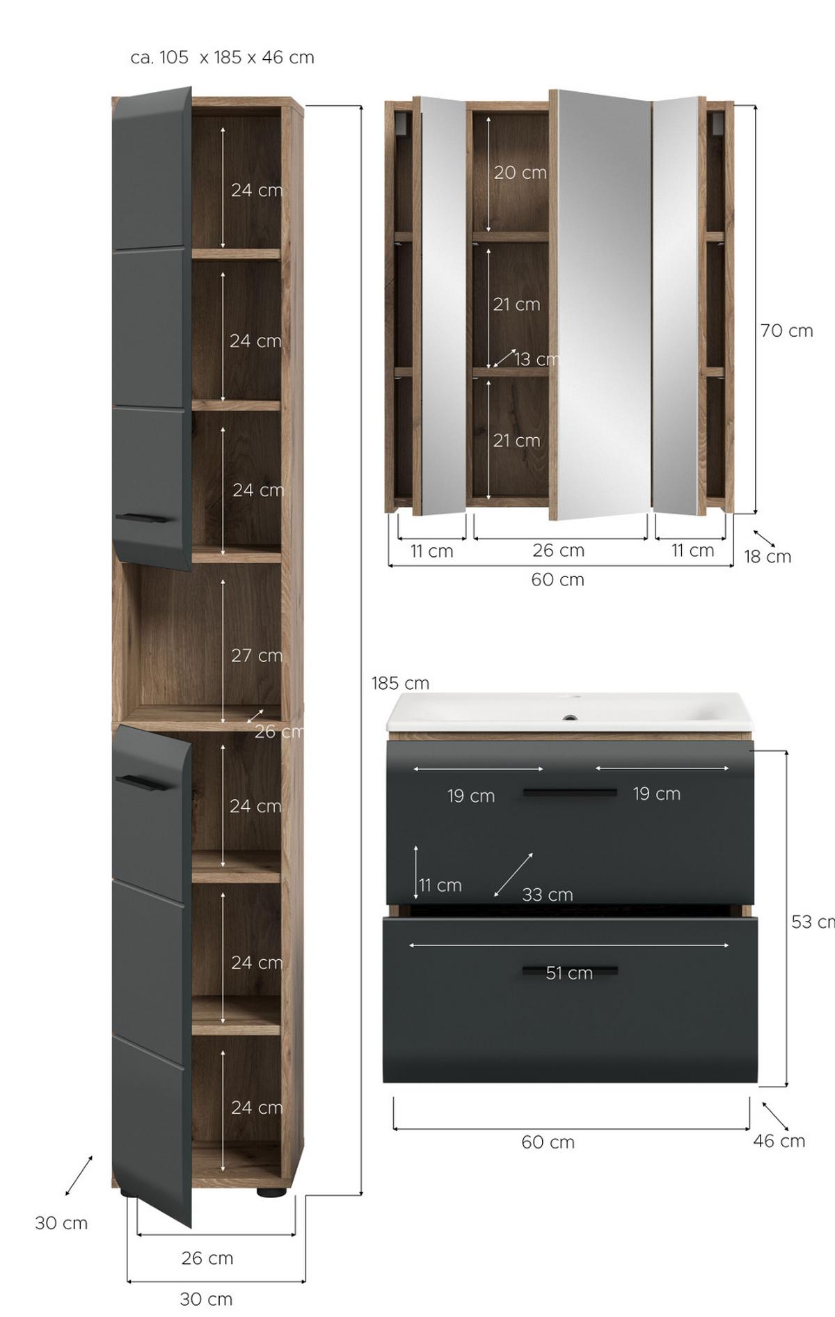 BADMÖBEL-SET 3-teilig Schwarz matt, Eiche Nox, Badezimmer Komplett-Set mit Waschbecken, 105 x 185 cm - Eichefarben/Schwarz, Glas/Keramik (105/185/46cm) - Inn.Furn
