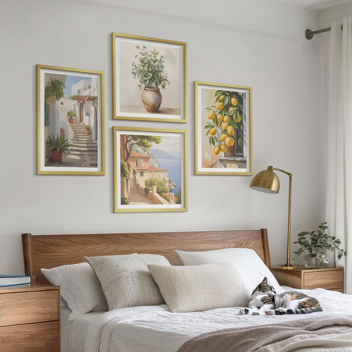 BILDER SET 4er Set - 50x50 cm & 40x60 cm Goldrahmen - Zitronenblumen im Topf, Straßen - Goldfarben, Kunststoff (50/50cm) - TULUP