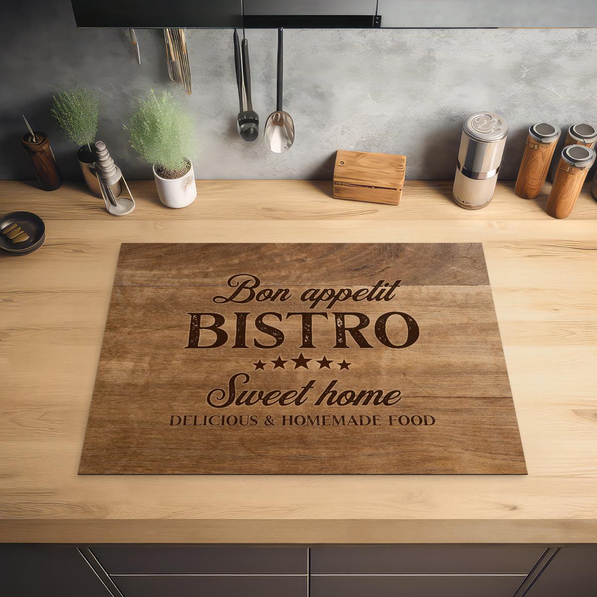 HERDABDECKPLATTE Zitat - Bistro - Guten Appetit - Süßes Zuhause - Holzmaserung Herdabdeckung Induktionsfeld 70x52 cm - Braun, Kunststoff (70/52/0.2cm) - MuchoWow